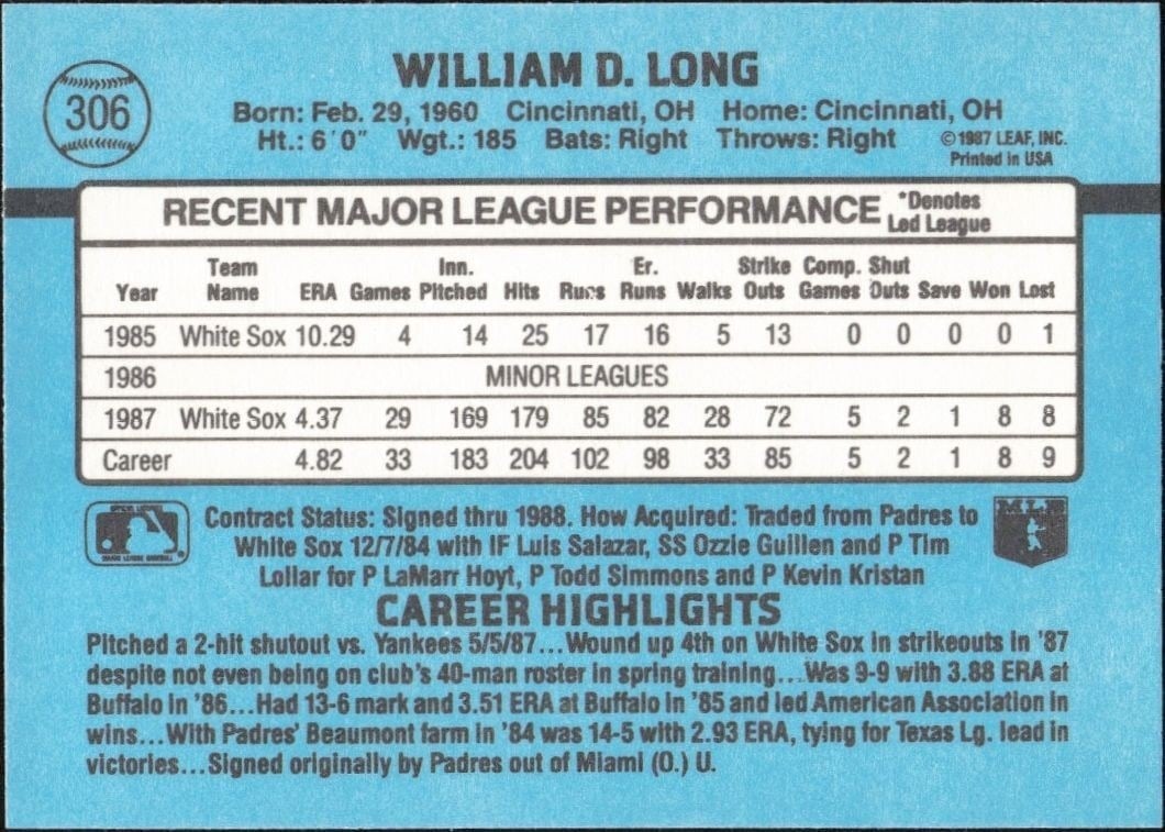 1988 Donruss Bill Long #306 baseball trading card back