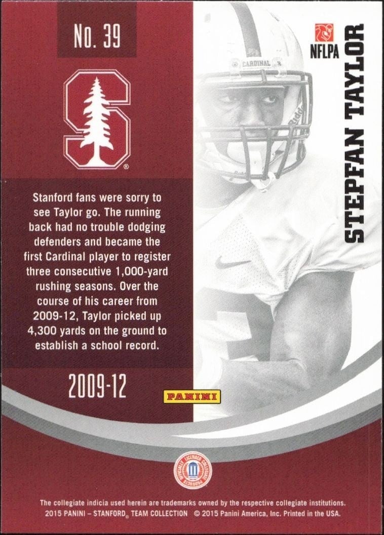2015 Panini Stanford Cardinal Team Collection Stepfan Taylor #39 football trading card back