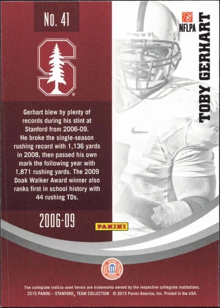 2015 Panini Stanford Cardinal Team Collection Toby Gerhart #41 football trading card back