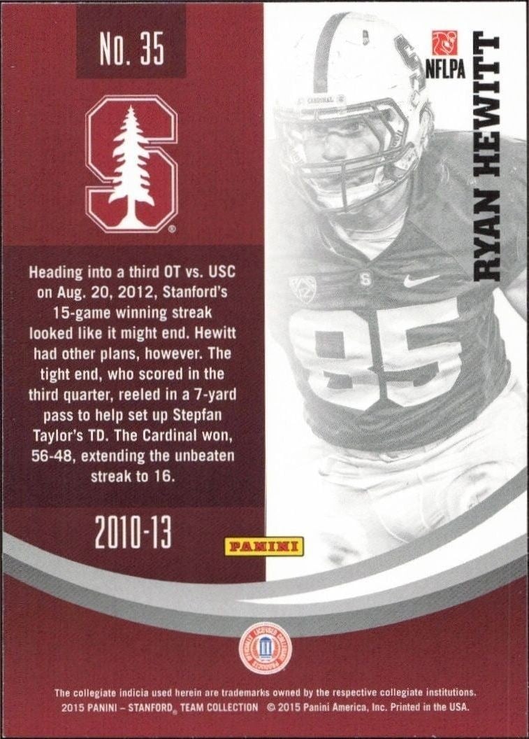 2015 Panini Stanford Cardinal Team Collection Ryan Hewitt #35 football trading card back