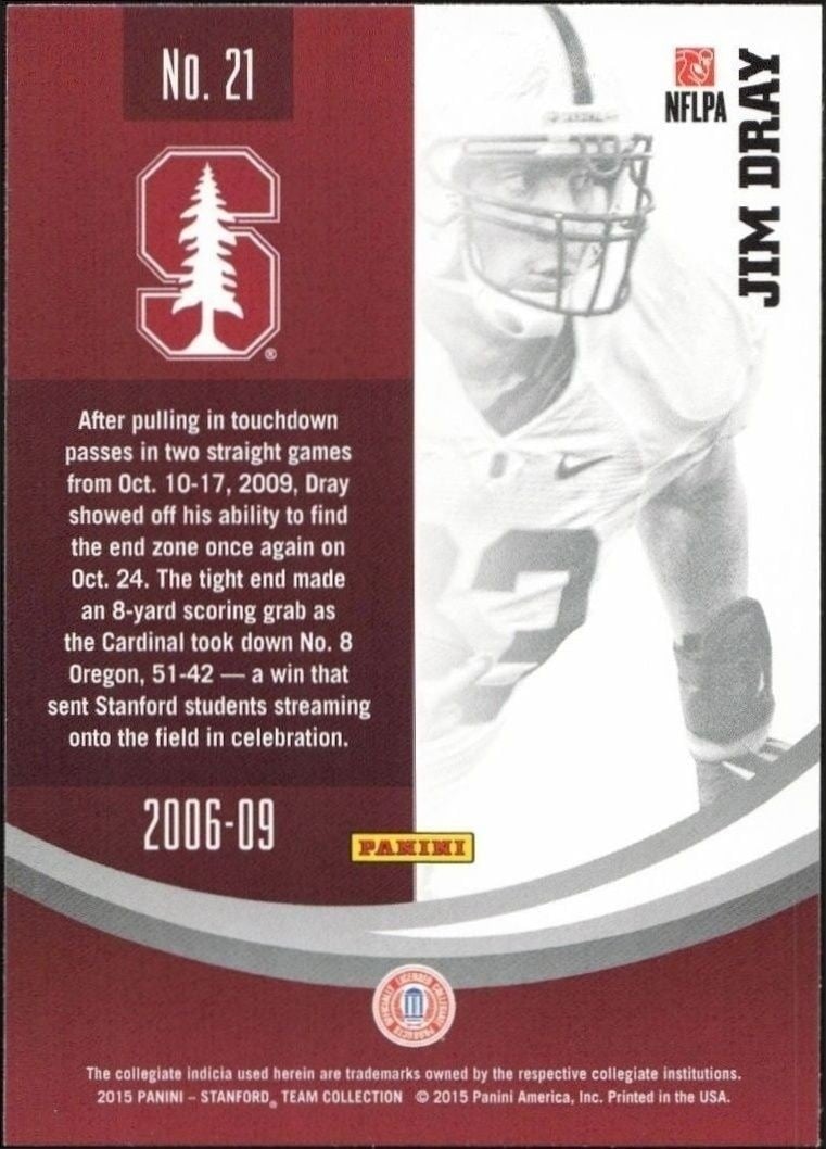 2015 Panini Stanford Cardinal Team Collection Jim Dray #21 football trading card back