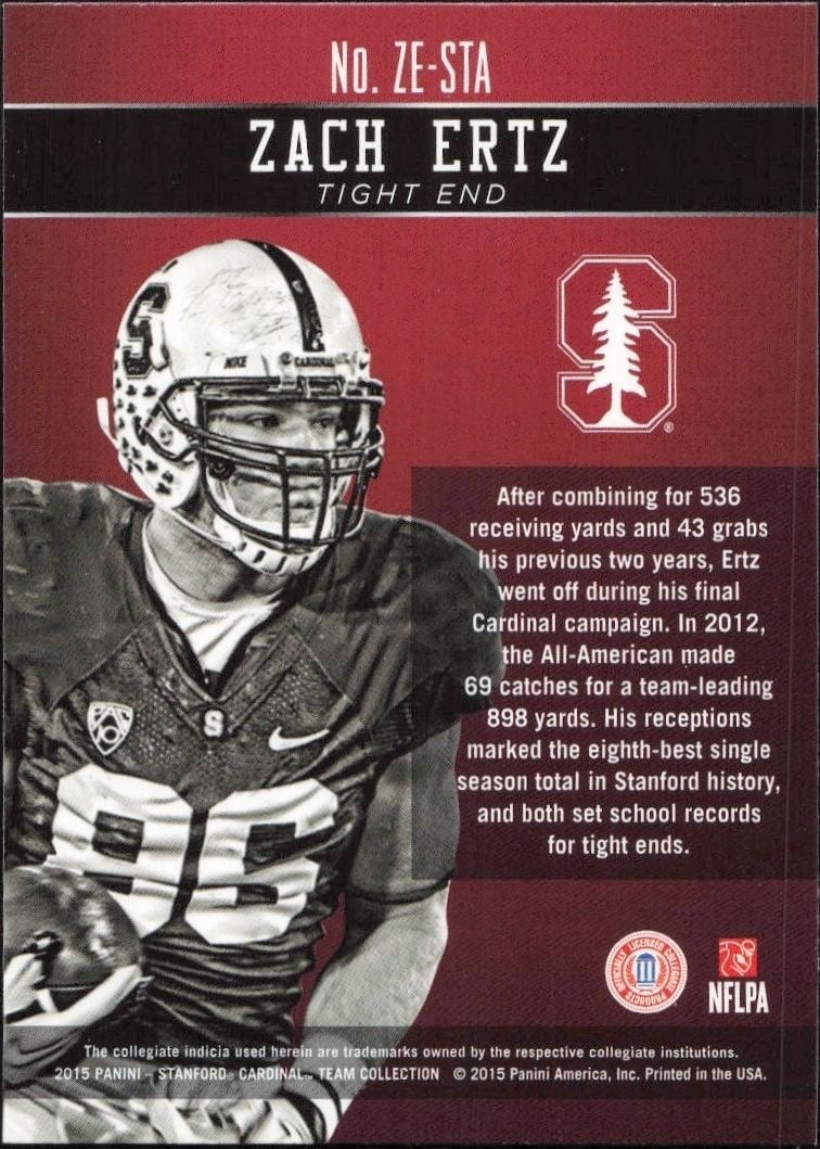 2015 Panini Stanford Cardinal Team Collection Zach Ertz #ZE-STA football trading card back