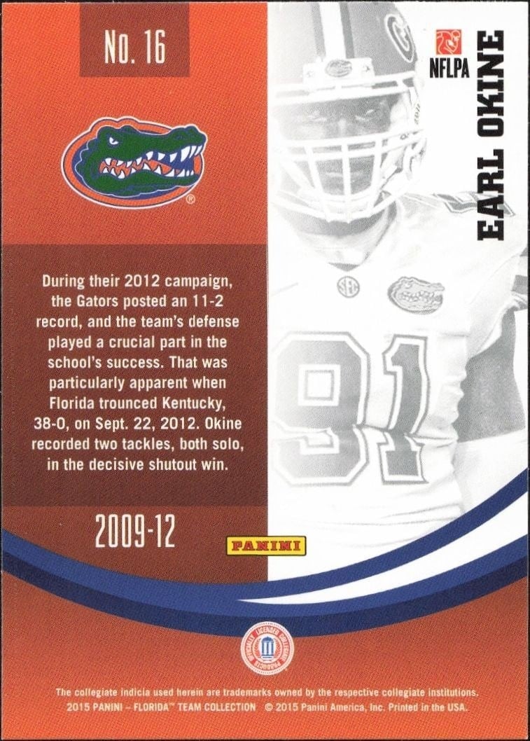 2015 Panini Florida Team Collection Earl Okine #16 football trading card back