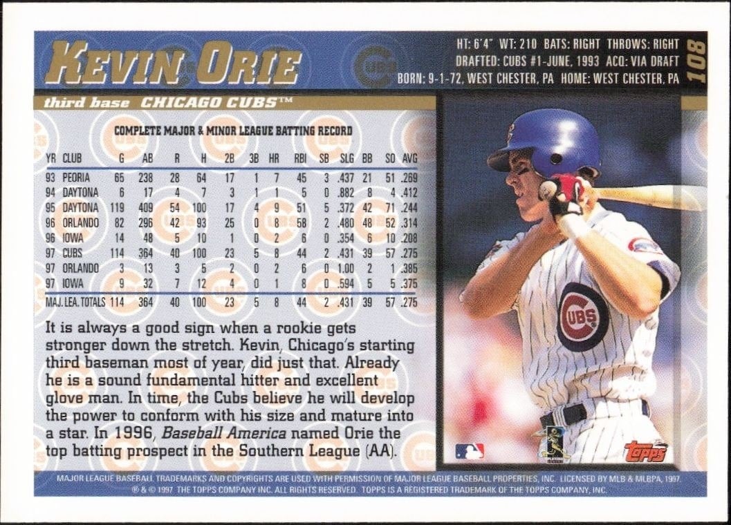 1998 Topps Kevin Orie #108 baseball trading card back