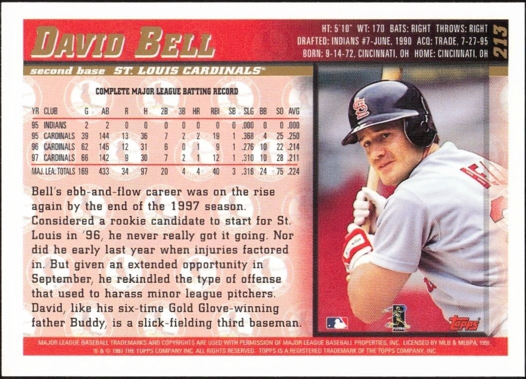 1998 Topps David Bell #213 baseball trading card back
