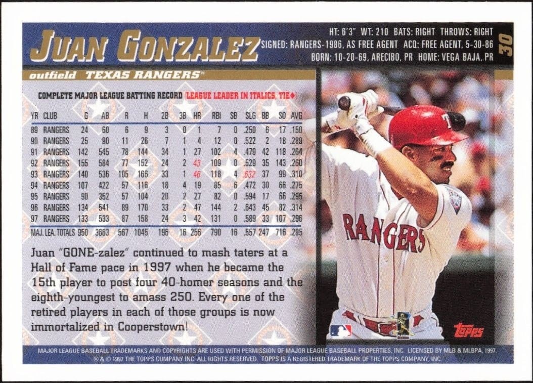 1998 Topps Juan Gonzalez #30 baseball trading card back