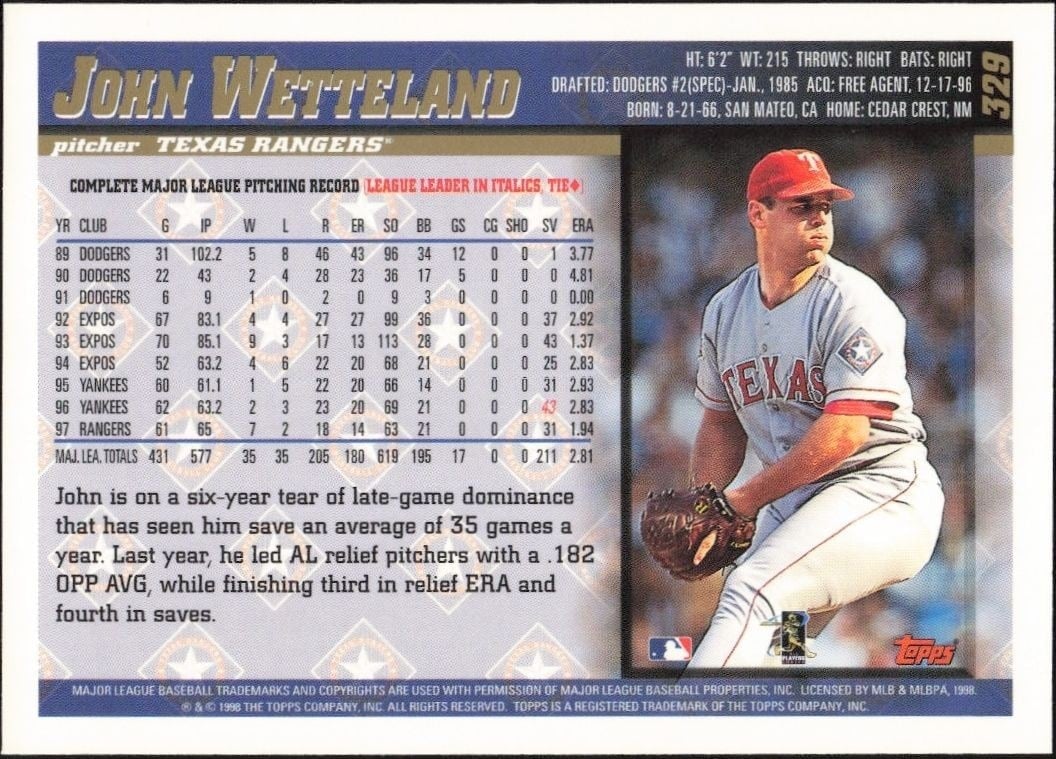 1998 Topps John Wetteland #329 baseball trading card back