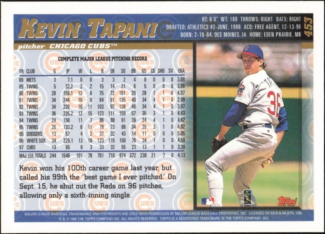 1998 Topps Kevin Tapani #453 baseball trading card back