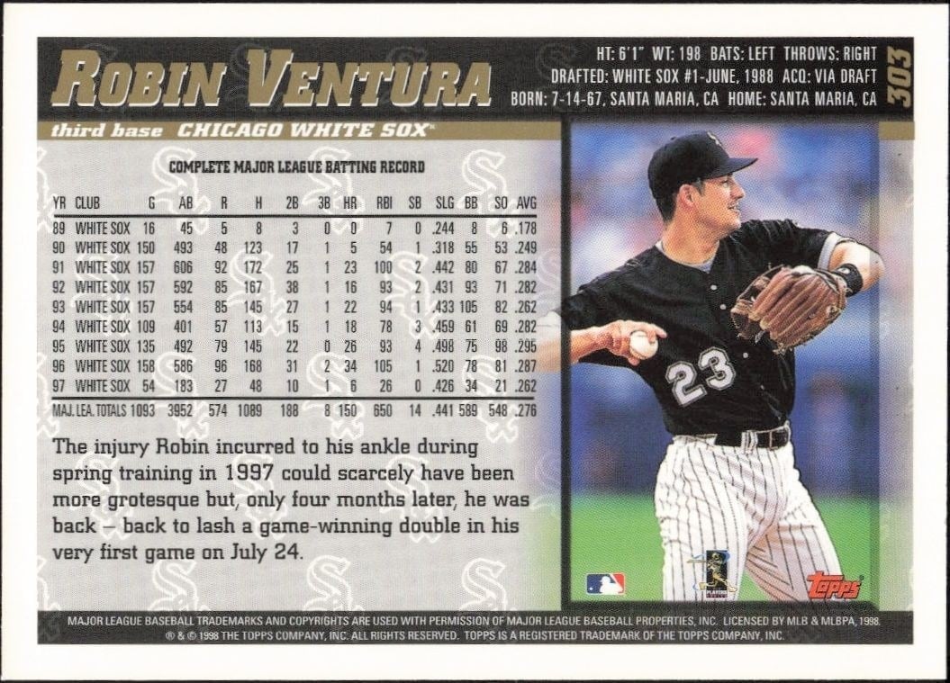 1998 Topps Robin Ventura #303 baseball trading card back