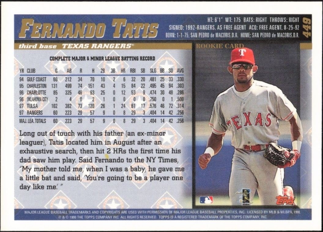 1998 Topps Fernando Tatis #449 baseball trading card back