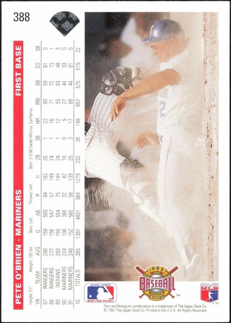 1992 Upper Deck Pete O'Brien #388 baseball trading card back