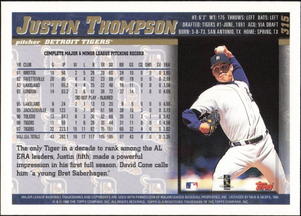1998 Topps Justin Thompson #315 baseball trading card back