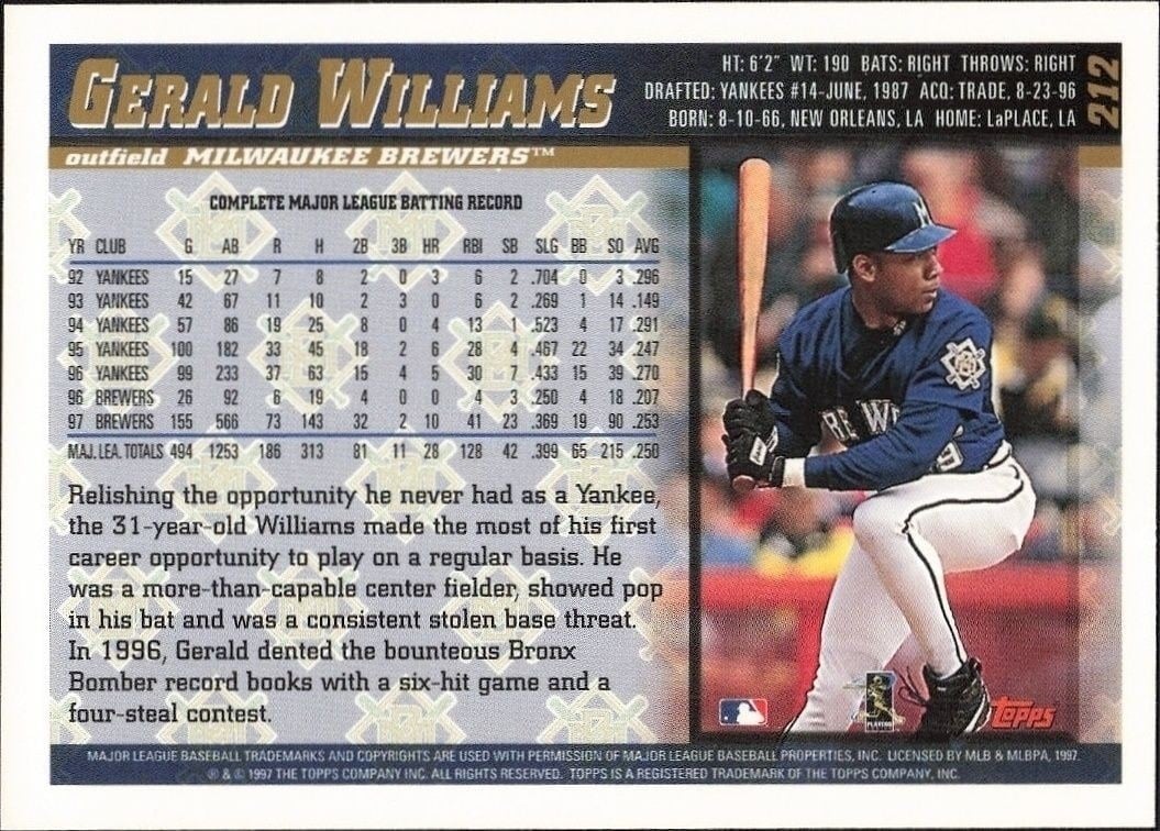 1998 Topps Gerald Williams #212 baseball trading card back