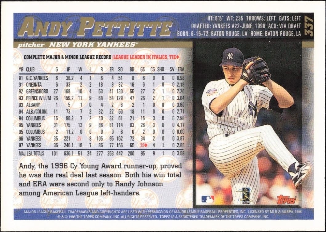 1998 Topps Andy Pettitte #337 baseball trading card back