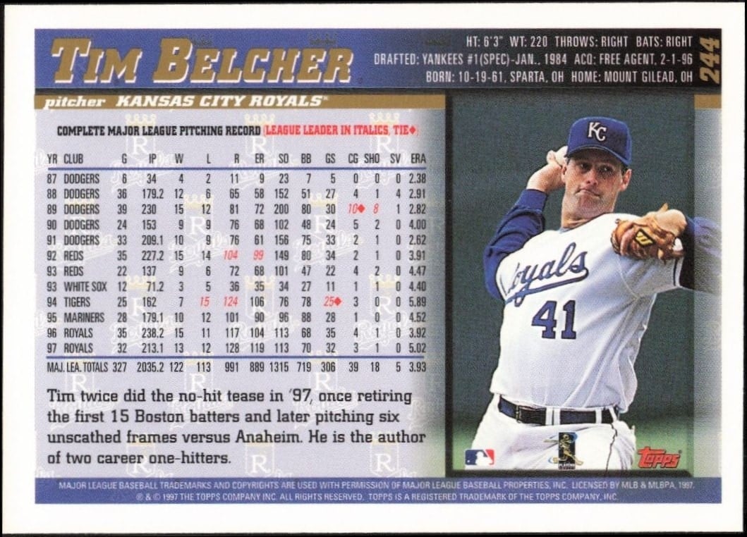 1998 Topps Tim Belcher #244 baseball trading card back