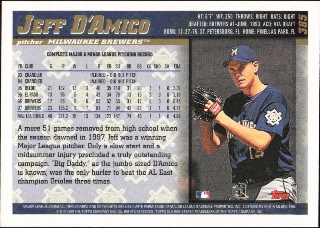 1998 Topps Jeff D'Amico #385 baseball trading card back