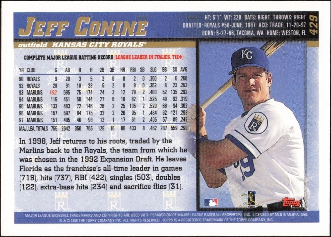 1998 Topps Jeff Conine #429 baseball trading card back