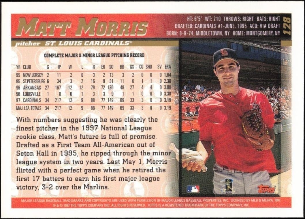 1998 Topps Matt Morris #128 baseball trading card back