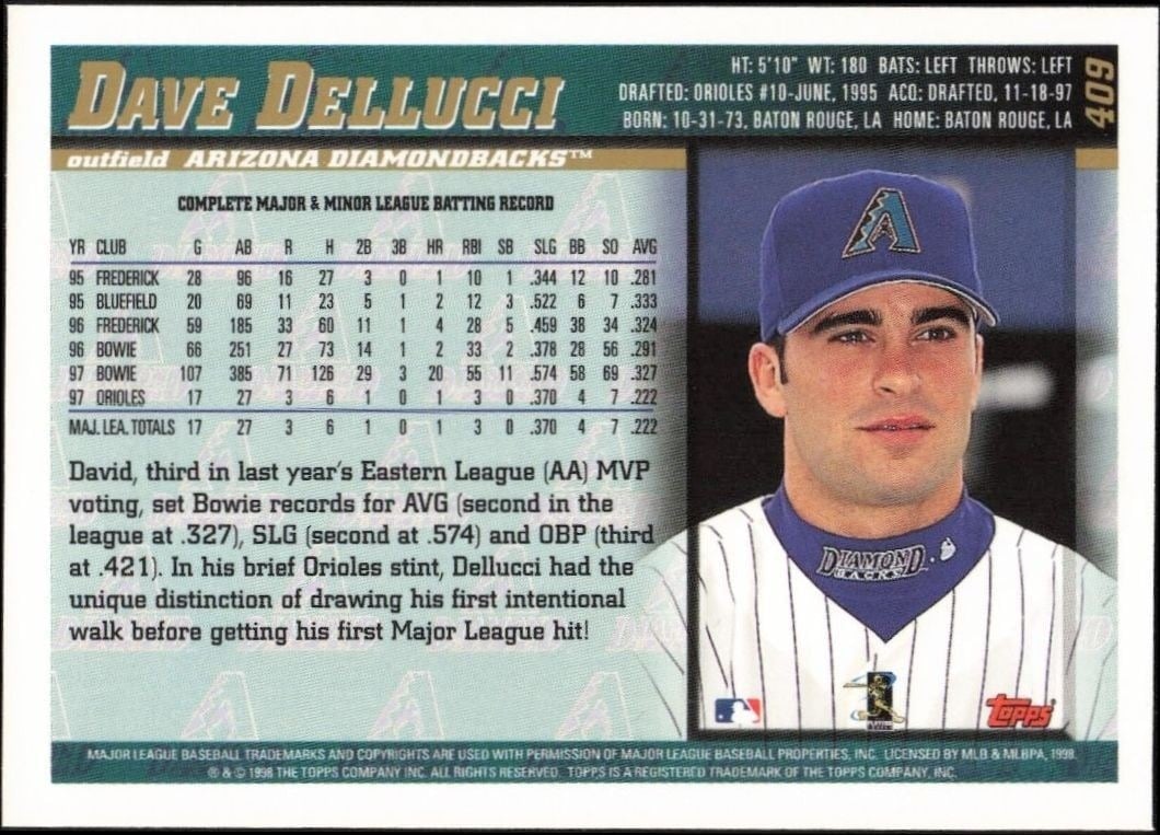 1998 Topps David Dellucci #409 baseball trading card back