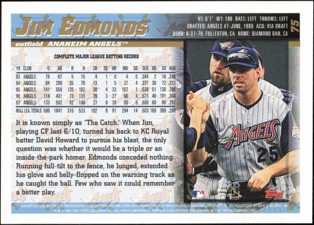 1998 Topps Jim Edmonds #75 baseball trading card back