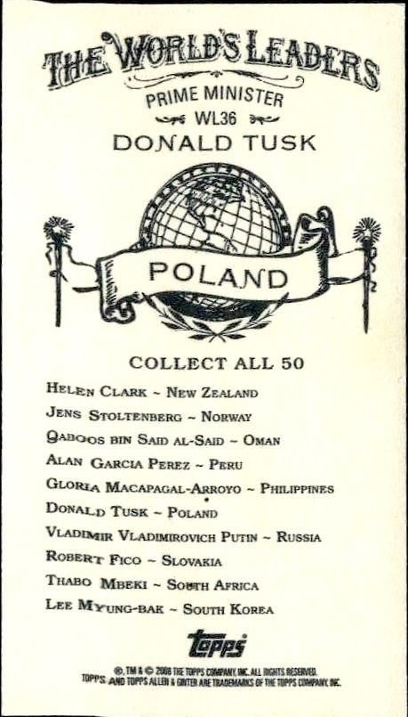 2008 Topps Allen & Ginter Donald Tusk, Poland #WL36 baseball trading card back