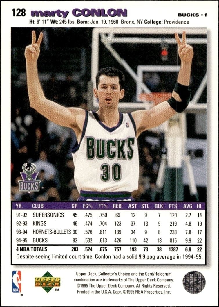 1995-96 Upper Deck Collector's Choice Marty Conlon #128 basketball trading card back