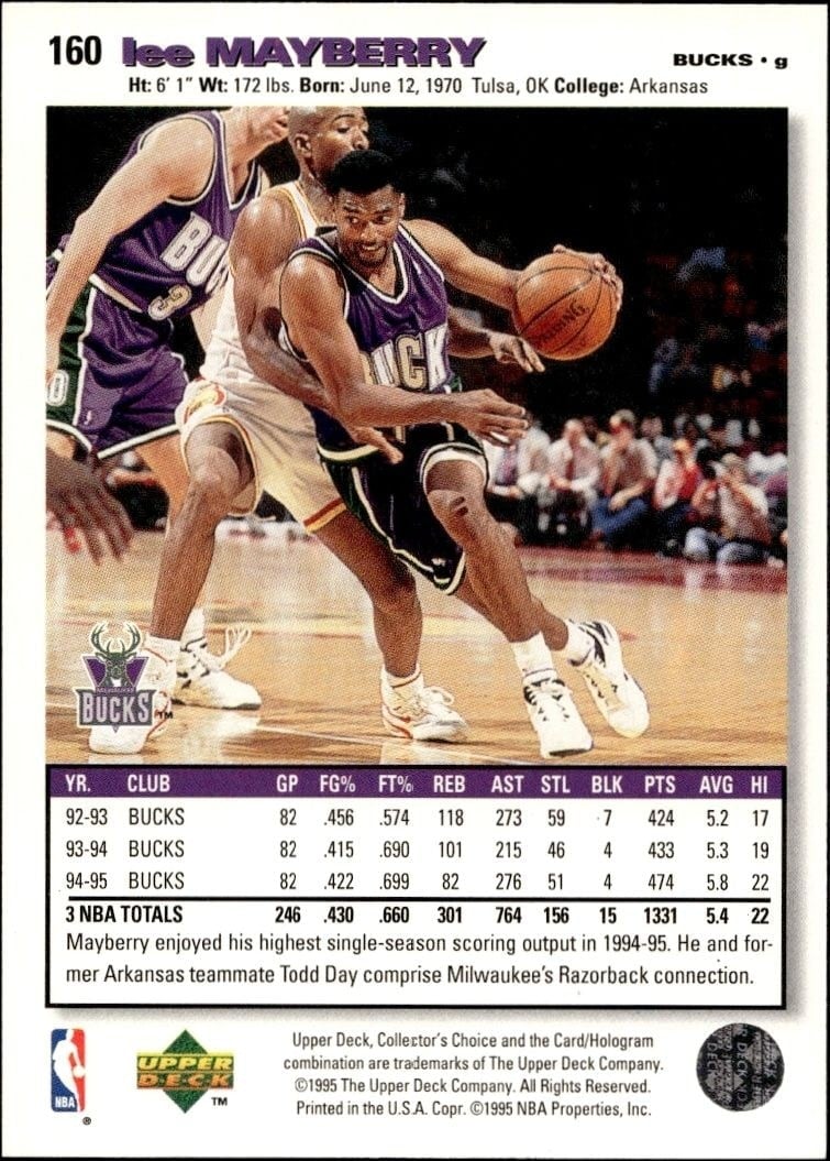 1995-96 Upper Deck Collector's Choice Lee Mayberry #160 basketball trading card back