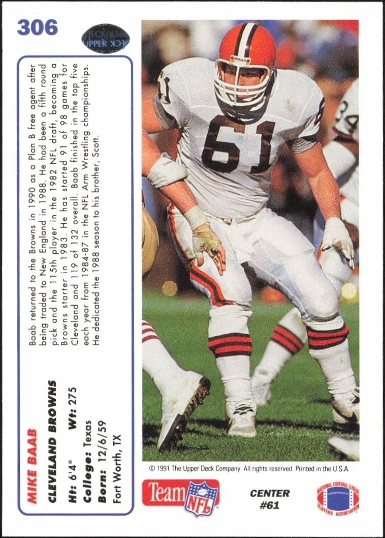 1991 Upper Deck Mike Baab #306 football trading card back