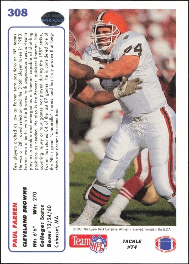 1991 Upper Deck Paul Farren #308 football trading card back