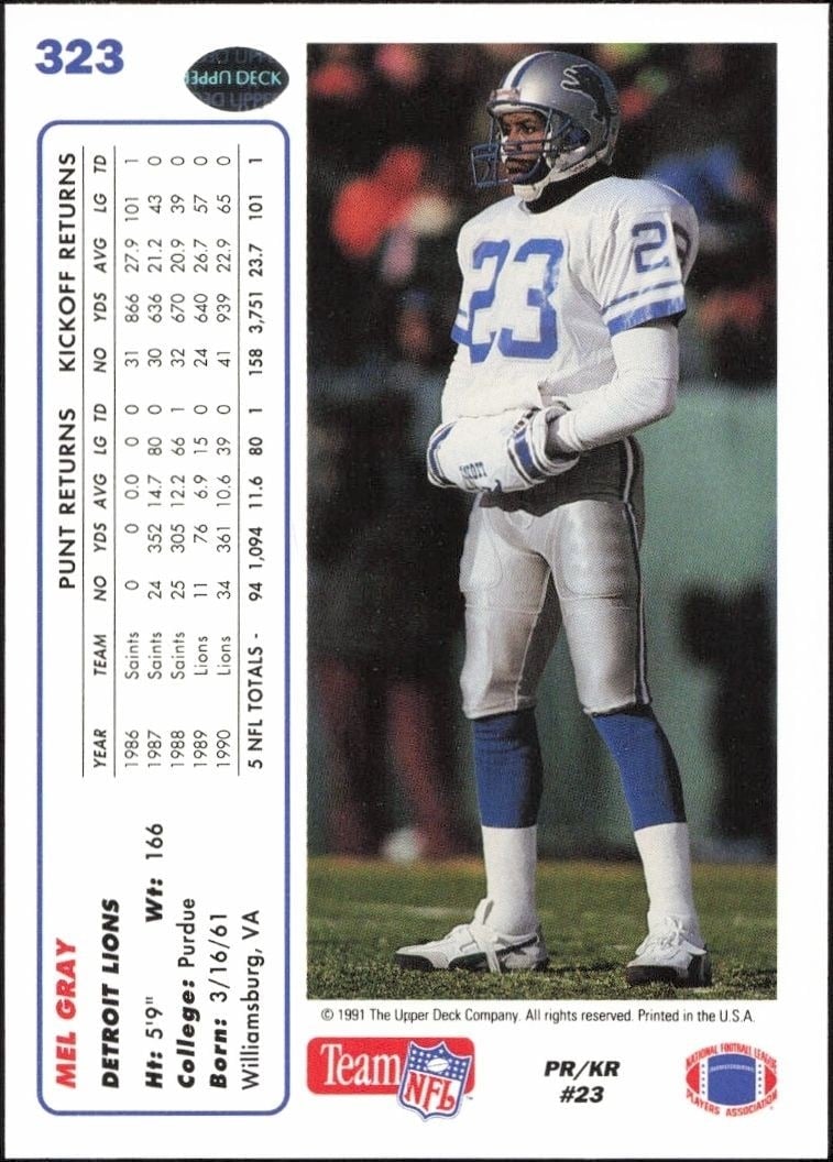 1991 Upper Deck Mel Gray #323 football trading card back