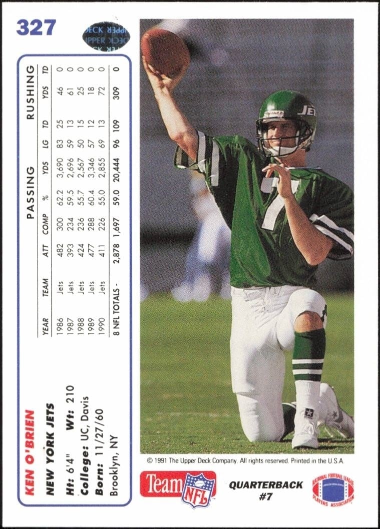 1991 Upper Deck Ken O'Brien #327 football trading card back