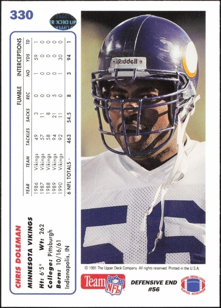 1991 Upper Deck Chris Doleman #330 football trading card back