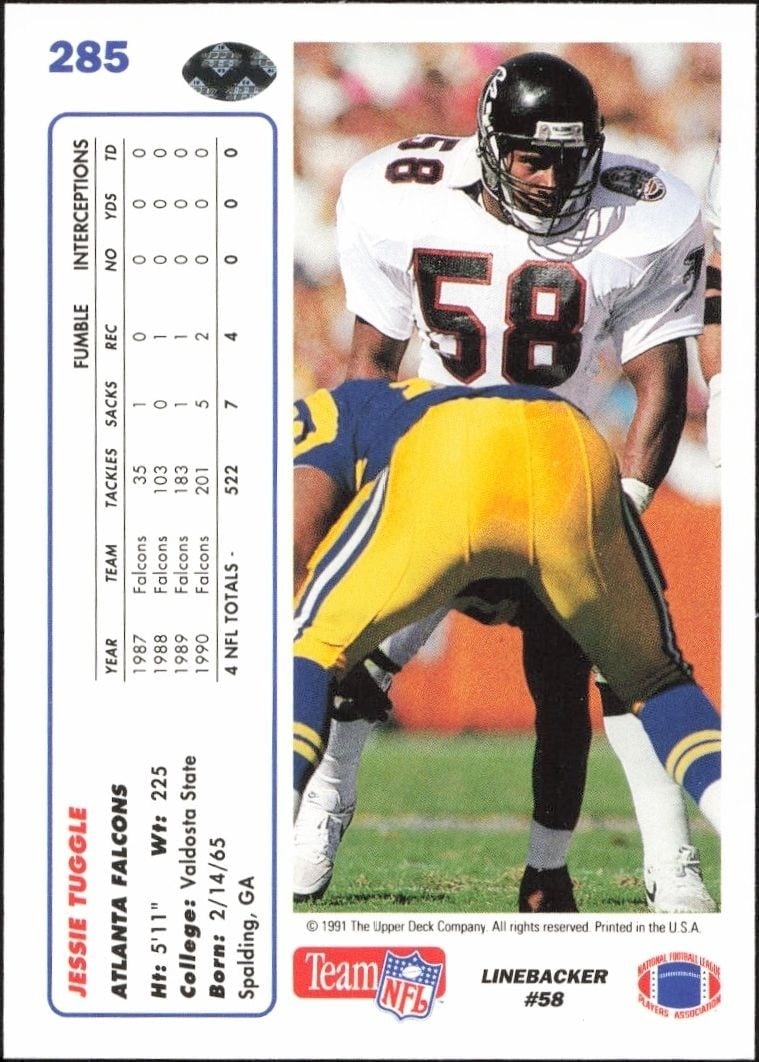 1991 Upper Deck Jessie Tuggle #285 football trading card back