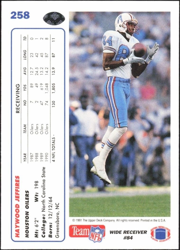 1991 Upper Deck Haywood Jeffires #258 football trading card back