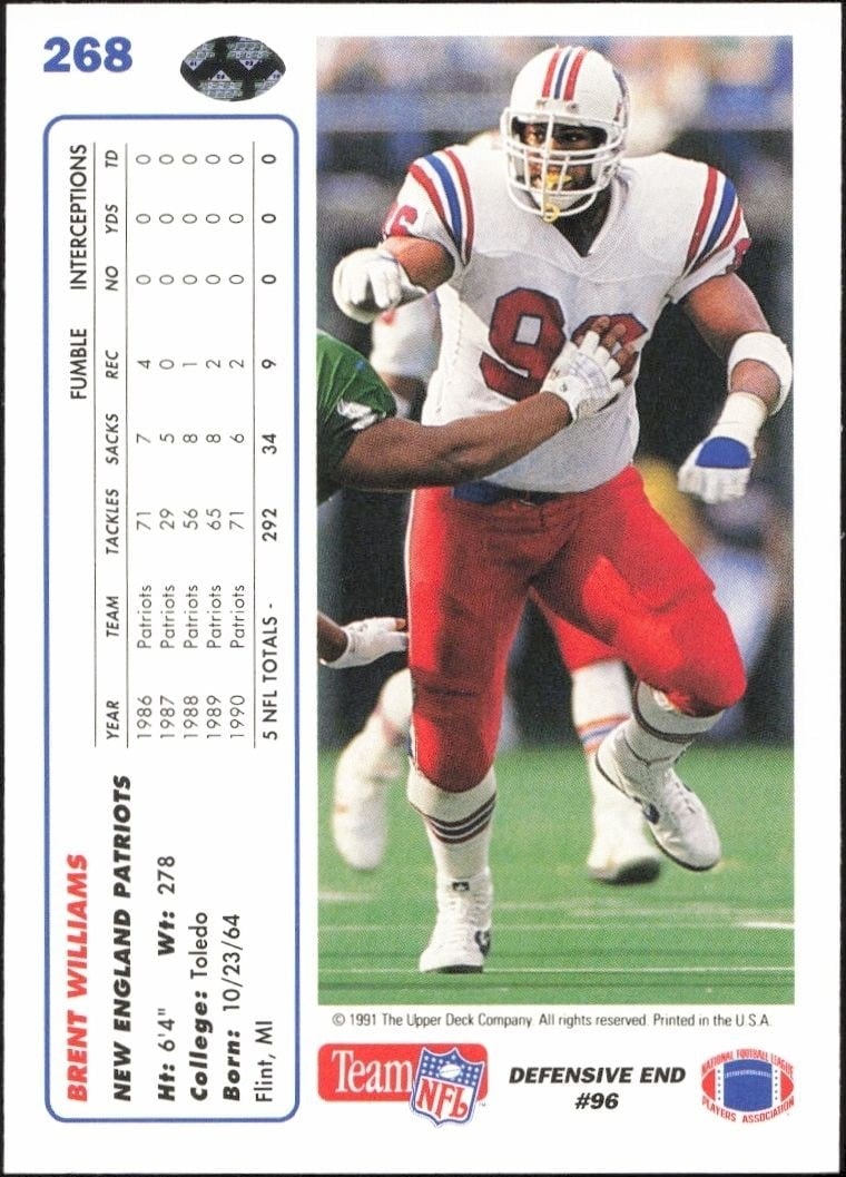 1991 Upper Deck Brent Williams #268 football trading card back