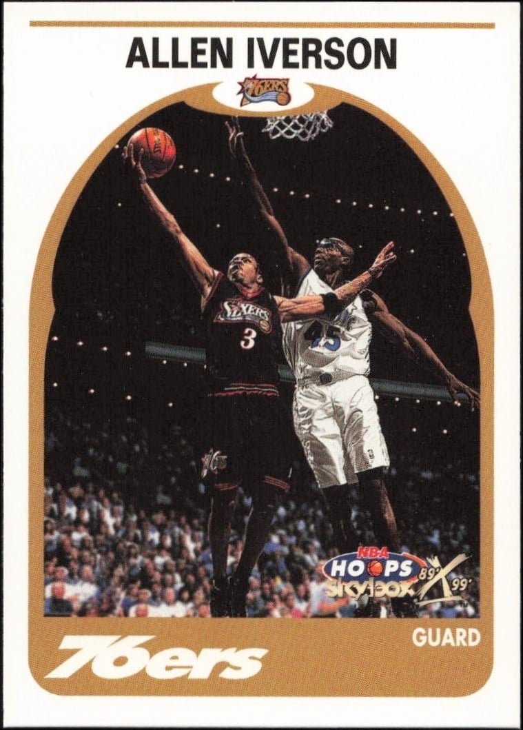 Allen Iverson 1999-00 Skybox NBA Hoops Decade #62 Basketball Trading Card - Front 1999-00 Skybox NBA Hoops Decade Allen Iverson #62 basketball trading card front
