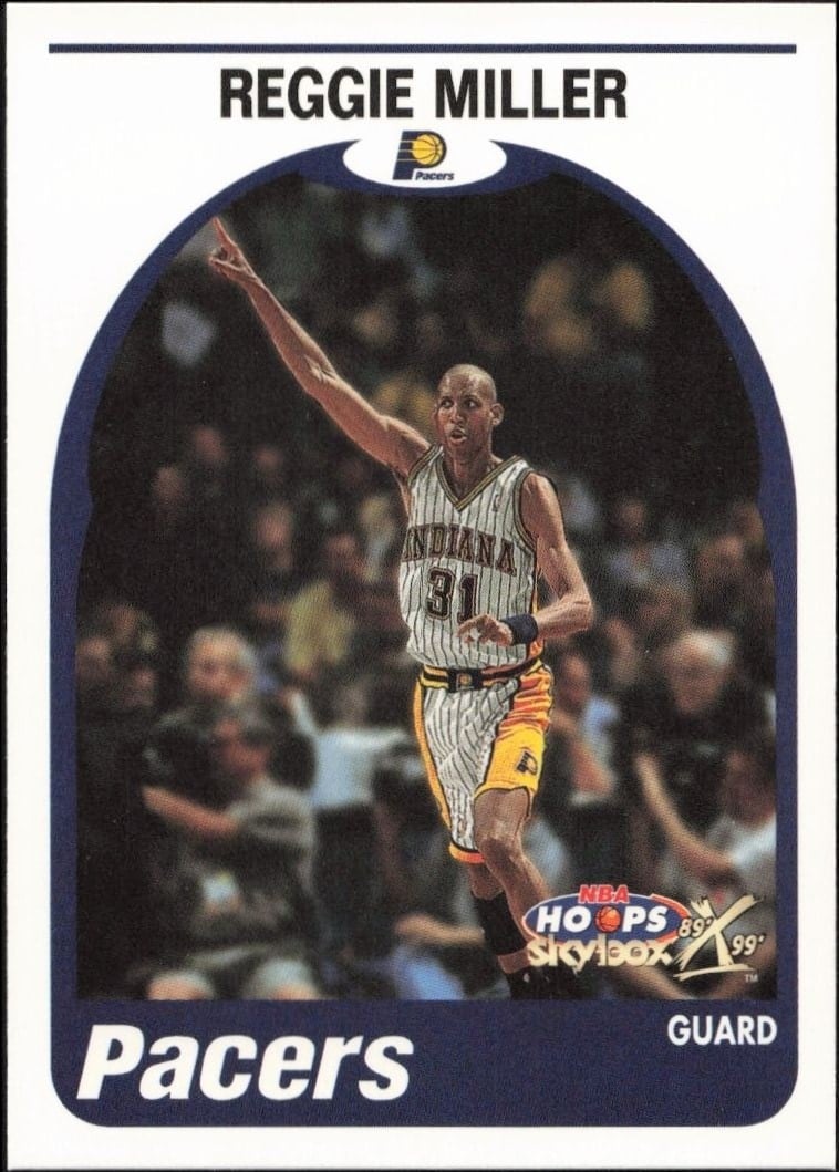 Reggie Miller 1999-00 Skybox NBA Hoops Decade #56 Basketball Trading Card - Front 1999-00 Skybox NBA Hoops Decade Reggie Miller #56 basketball trading card front