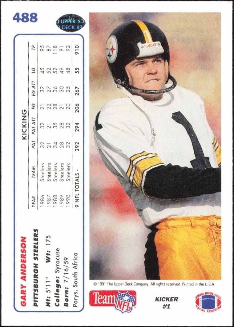 1991 Upper Deck Gary Anderson #488 football trading card back