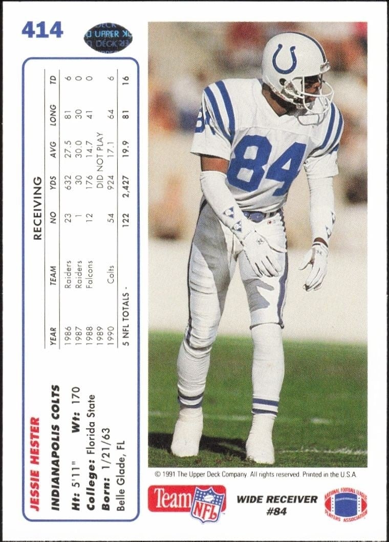 1991 Upper Deck Jessie Hester #414 football trading card back