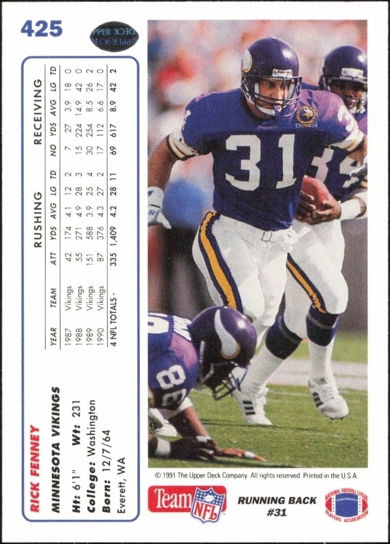 1991 Upper Deck Rick Fenney #425 football trading card back