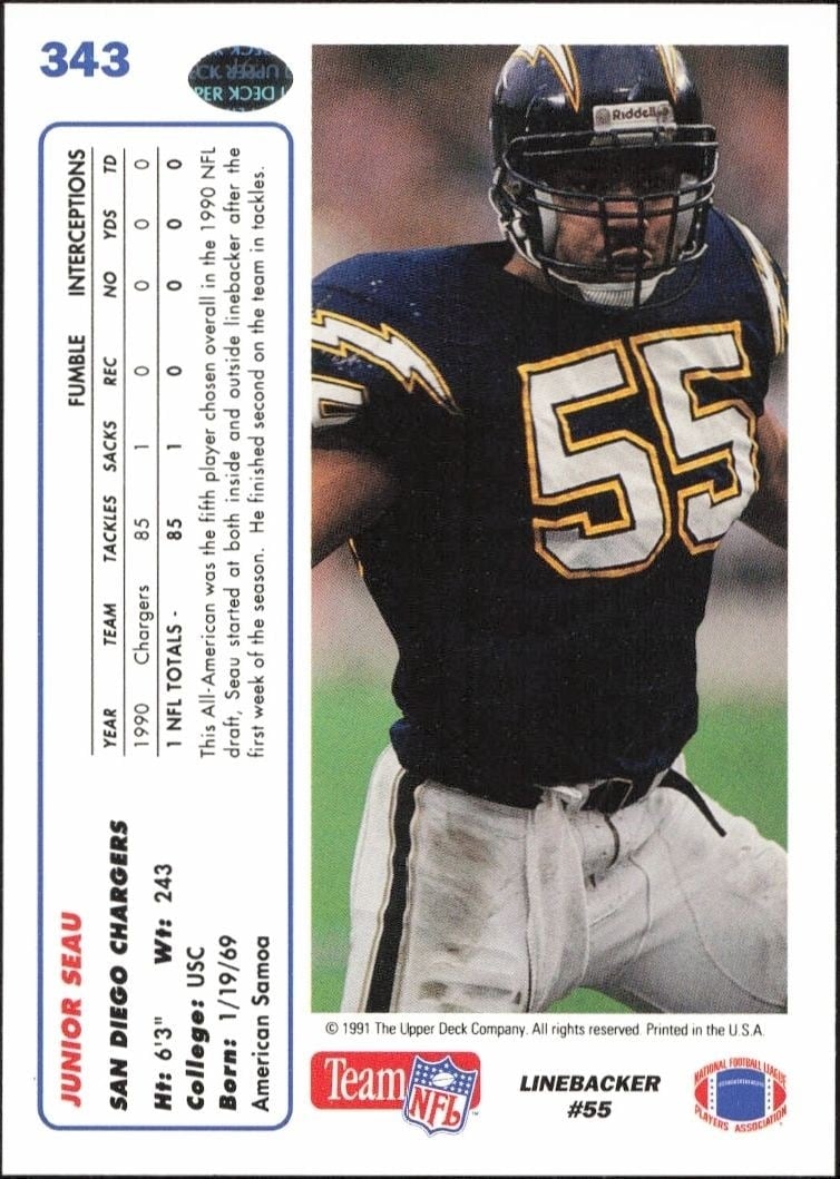 1991 Upper Deck Junior Seau #343 football trading card back