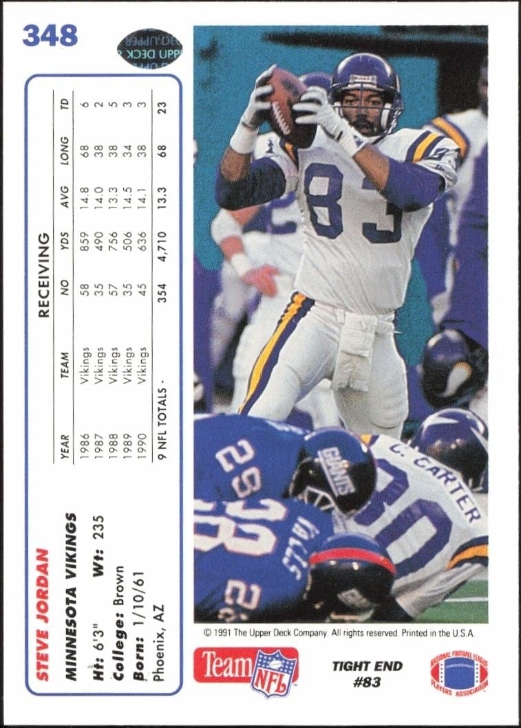 1991 Upper Deck Steve Jordan #348 football trading card back