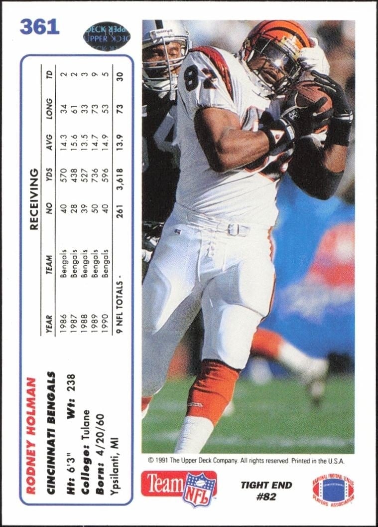 1991 Upper Deck Rodney Holman #361 football trading card back