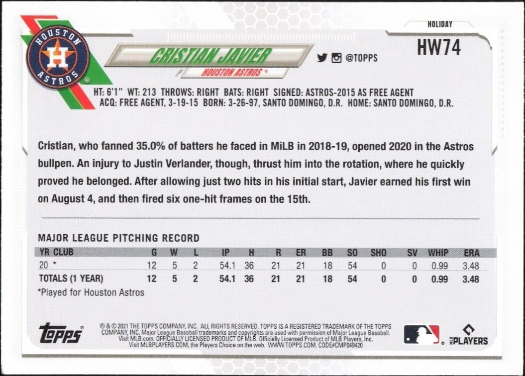 2021 Topps Holiday Cristian Javier #HW74 baseball trading card back