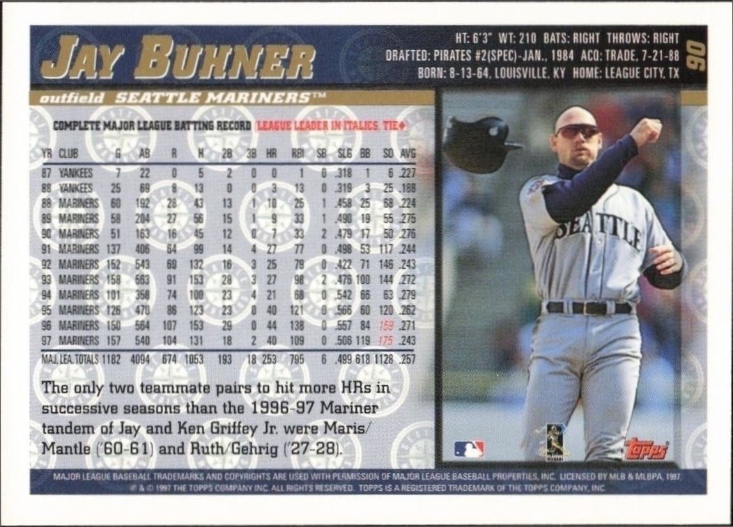 1998 Topps Jay Buhner #90 baseball trading card back