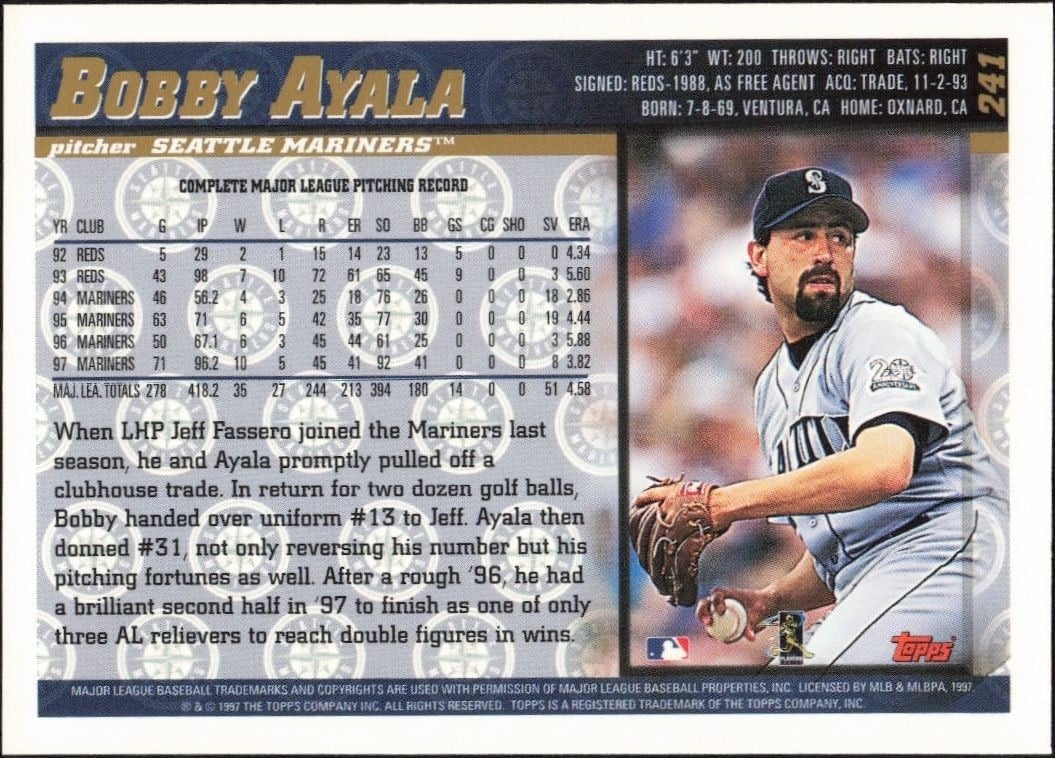 1998 Topps Bobby Ayala #241 baseball trading card back