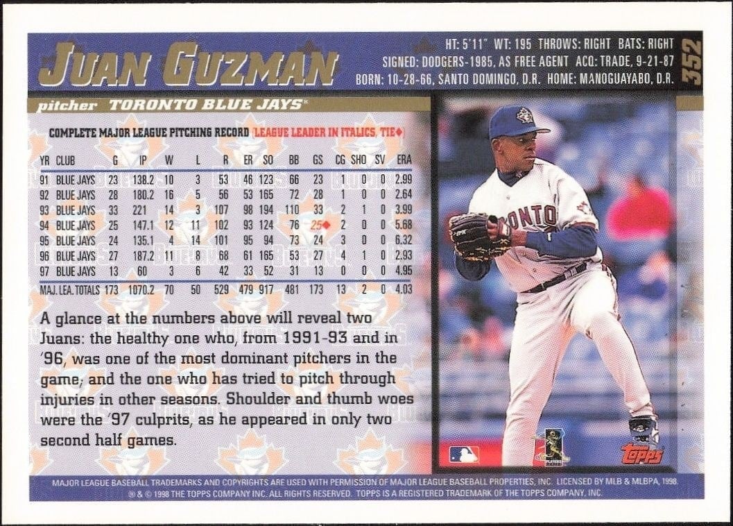 1998 Topps Juan Guzman #352 baseball trading card back