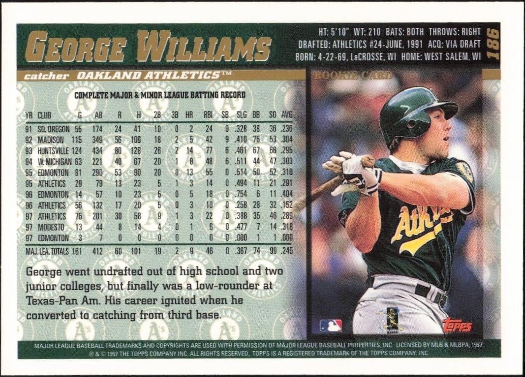 1998 Topps George Williams #186 baseball trading card back