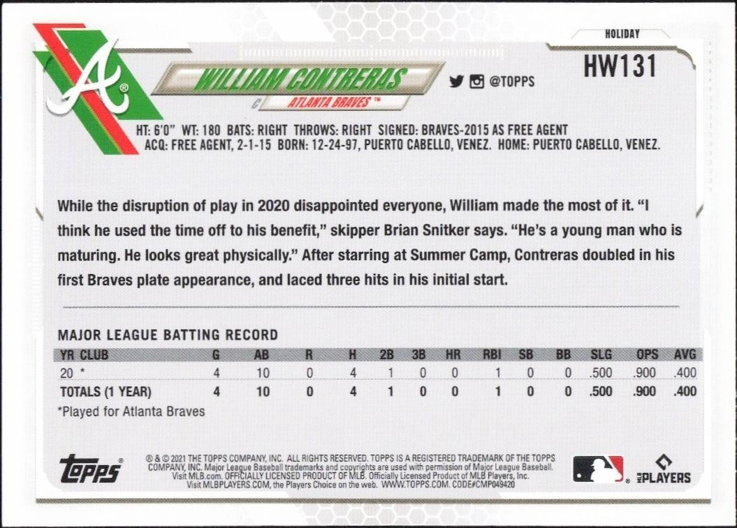 2021 Topps Holiday William Contreras #HW131 baseball trading card back