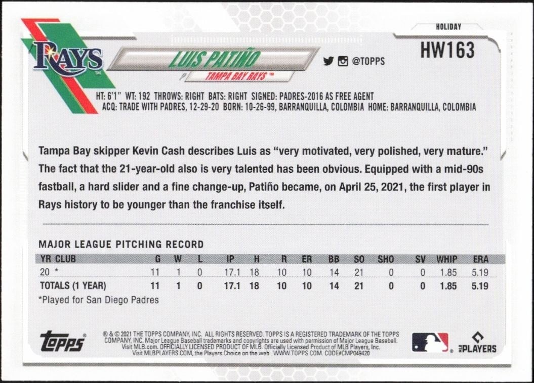 2021 Topps Holiday Luis Patiño #HW163 baseball trading card back